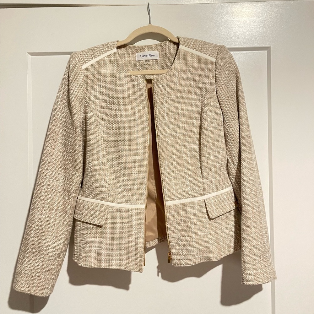 CALVIN KLEIN Zip Up Tweed Ivory Jacket- 6